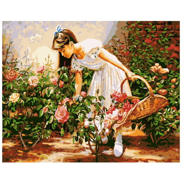 Картина по номерам Люди на картинах - Дівчинка з кошиком троянд