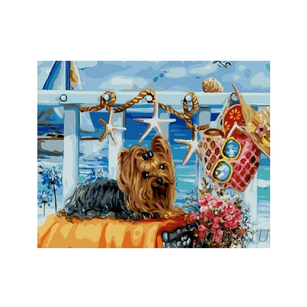 Картина по номерам Тварини, птахи та риби - Йоркширський тер'єр на пляжі