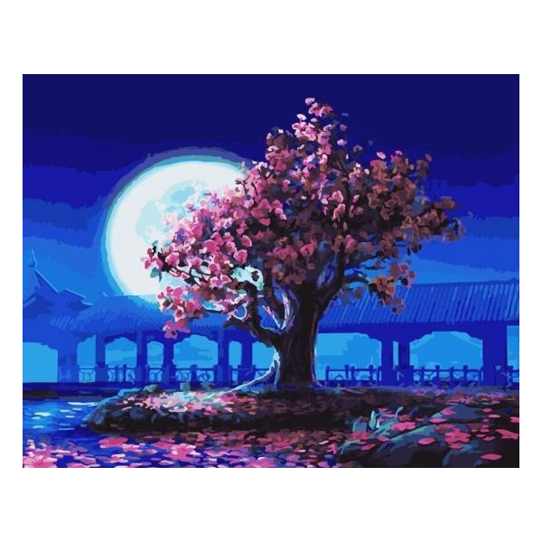 Картина по номерам Пейзажі - Розовое дерево на фоне луны