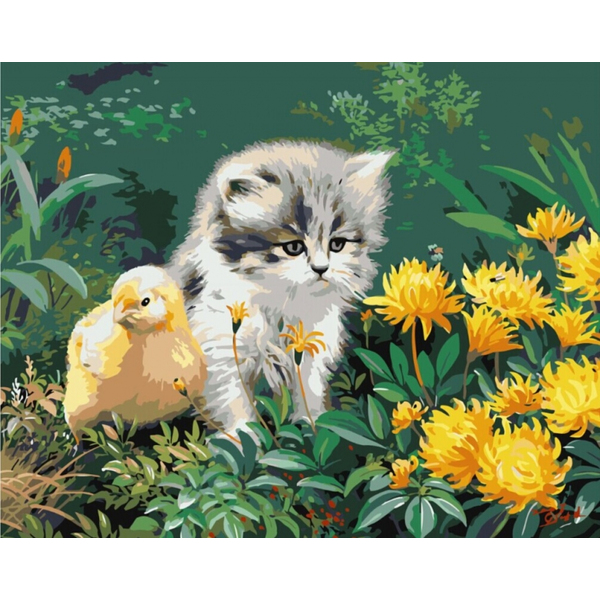 Картина по номерам Тварини, птахи та риби - Котёнок с ципленком