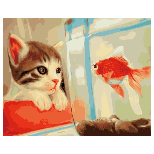 Картина по номерам Тварини, птахи та риби - Кошеня і золота рибка