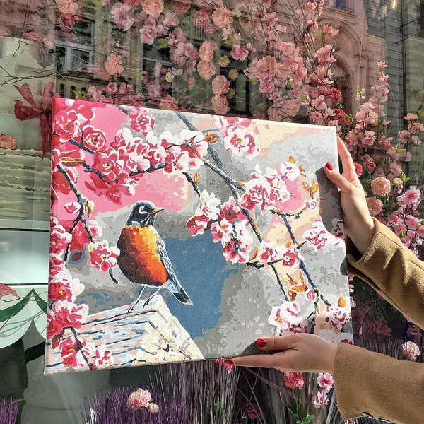 Картина по номерам Тварини, птахи та риби - Снігур та сакура