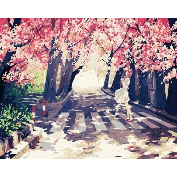 Картина по номерам Люди на картинах - Мечтающая девушка у сакуры