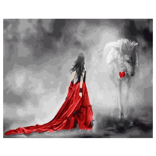 Картина по номерам Люди на картинах - Дівчина в червоному і вовк з трояндою