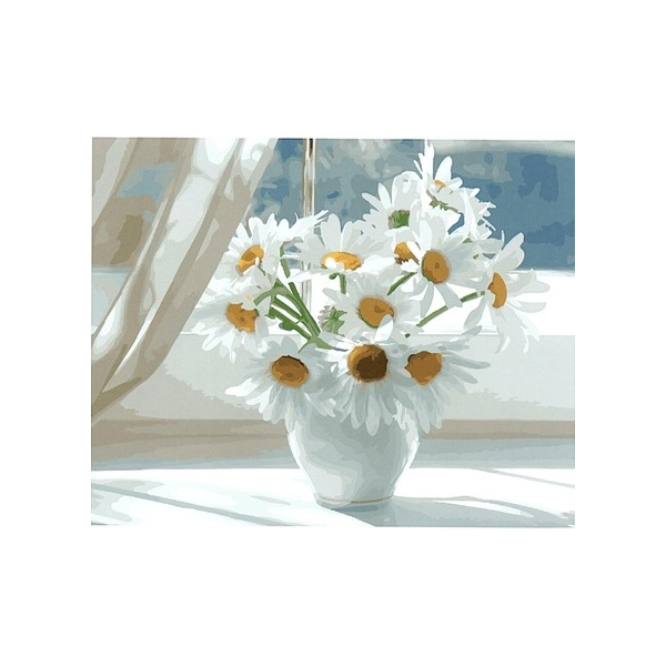 Картина по номерам Преміум картини - Ромашки в белой вазе на окне