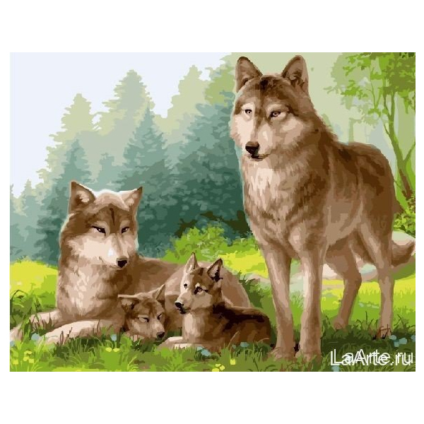 Картина по номерам Тварини, птахи та риби - Вовки з вовченятами