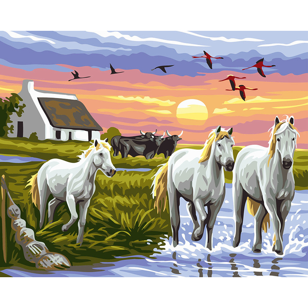 Картина по номерам Тварини, птахи та риби - Табун на заході сонця