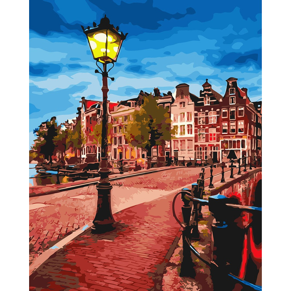 Картина по номерам Города - Жовтий ліхтар на вечірній вулиці