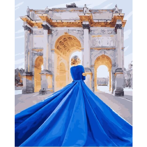 Картина по номерам Преміум картини - Она в синем на фоне Лувра