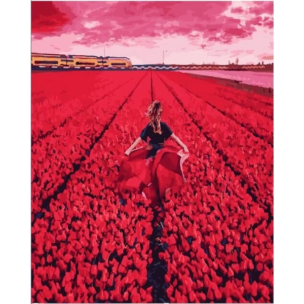 Картина по номерам Преміум картини - Она в поле тюльпанов