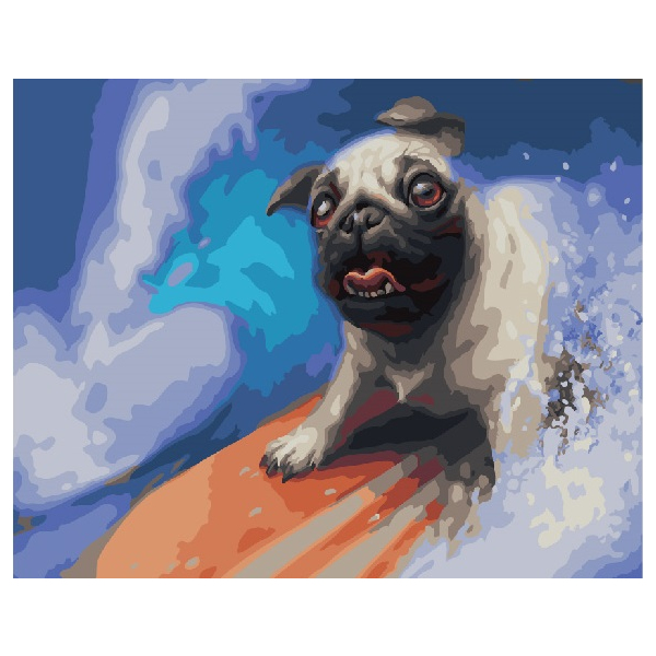 Картина по номерам Тварини, птахи та риби - Мопс на серфі