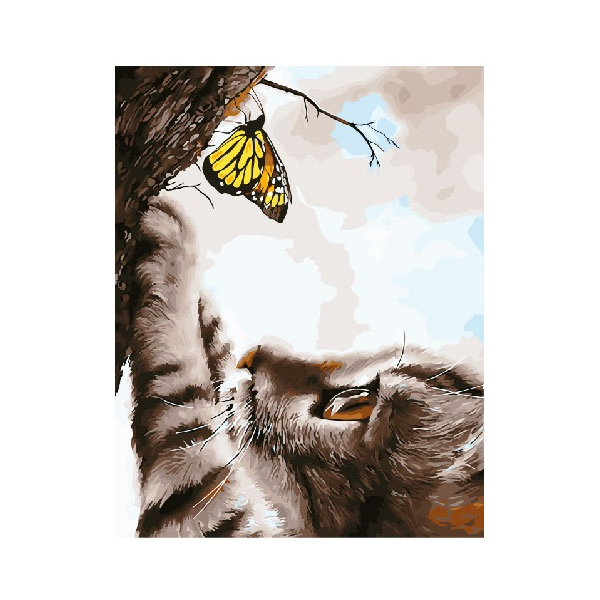 Картина по номерам Тварини, птахи та риби - Котик і метелик