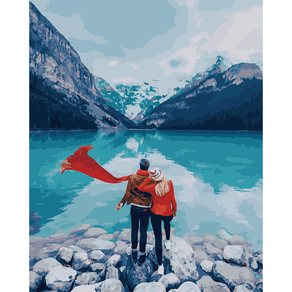 Картина по номерам Затишок, зима, Новий рік, Різдво - Пара біля озера Лаго ді Браєс