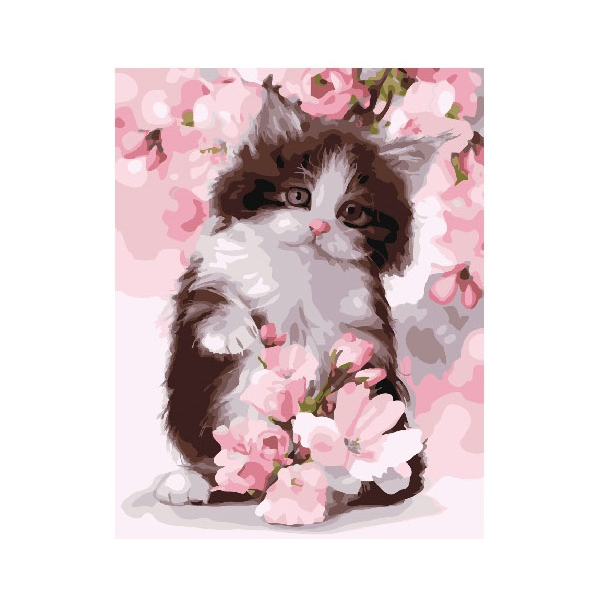 Картина по номерам Для початківців - Котик в рожевих квітах