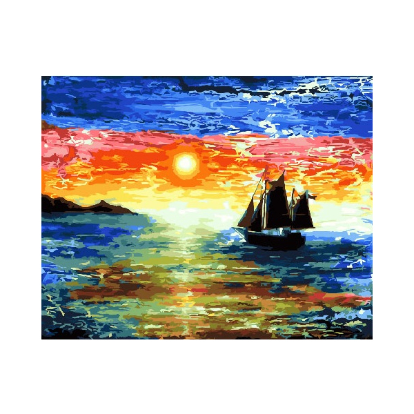 Картина по номерам Кораблі, автомобілі та літаки - Вітрильник пливе на тлі заходу