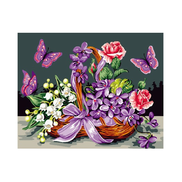 Картина по номерам Квіти - Бабочки у корзины с цветами