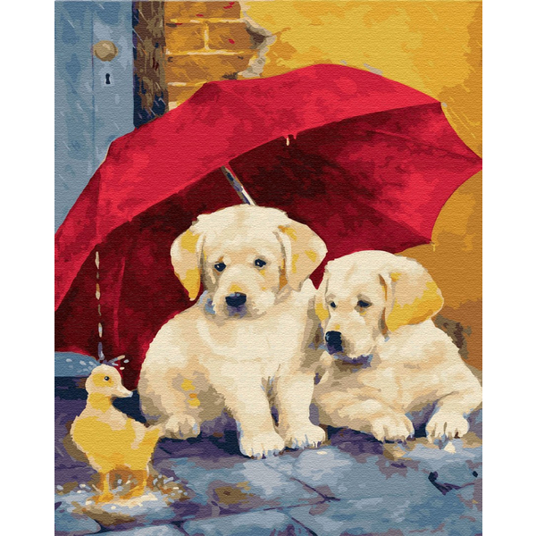 Картина по номерам Тварини, птахи та риби - Цуценята під парасолькою