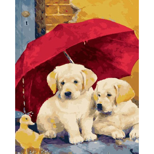 Картина по номерам Тварини, птахи та риби - Цуценята під парасолькою