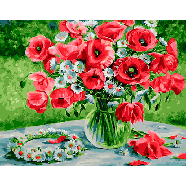 Картина по номерам Квіти - Маки і віночок з ромашок