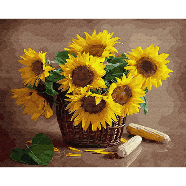 Картина по номерам Квіти - Подсолнухи в корзине