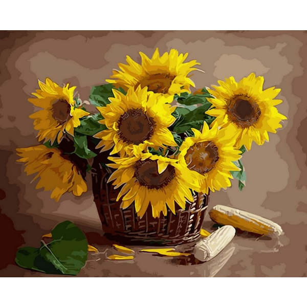 Картина по номерам Квіти - Подсолнухи в корзине