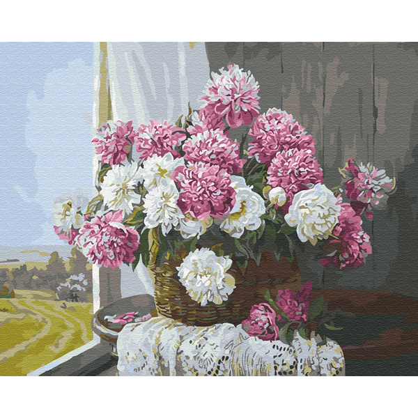 Картина по номерам Квіти - Букет піонів на вікні