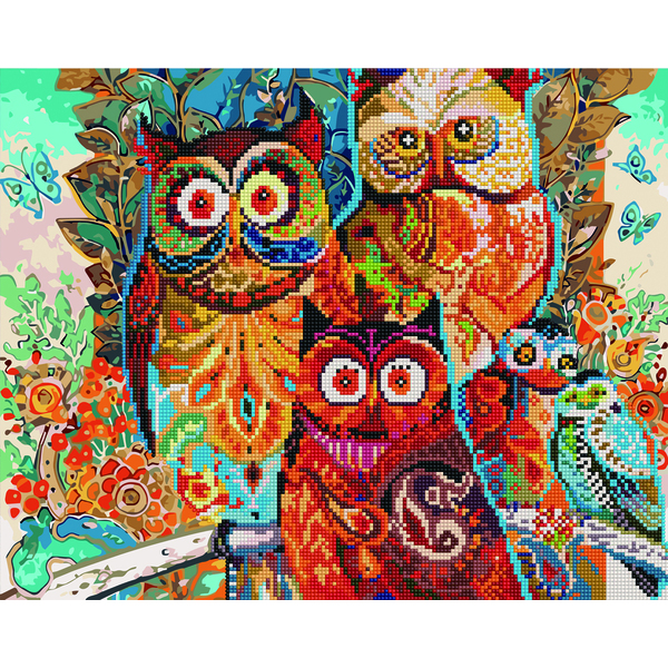 Комбінована алмазна мозаїка - Кольорові сови