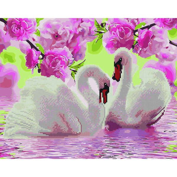 Комбінована алмазна мозаїка - Лебеді в квітах