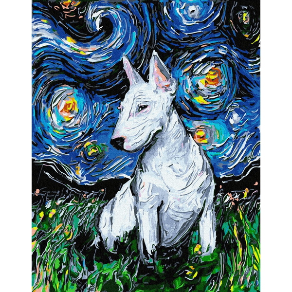 Картина по номерам Тварини, птахи та риби - Бультер'єр в зоряну ніч