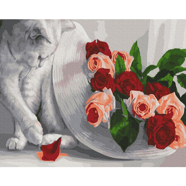 Картина по номерам Тварини, птахи та риби - Котик з трояндами