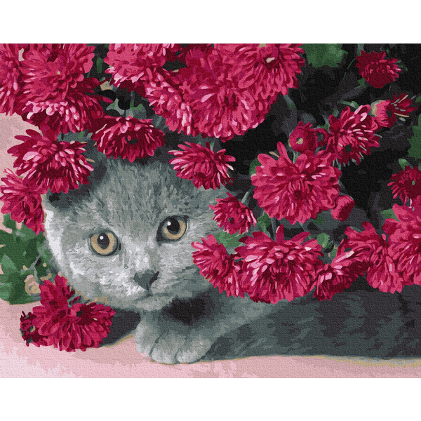 Картина по номерам Тварини, птахи та риби - Котик в квітах