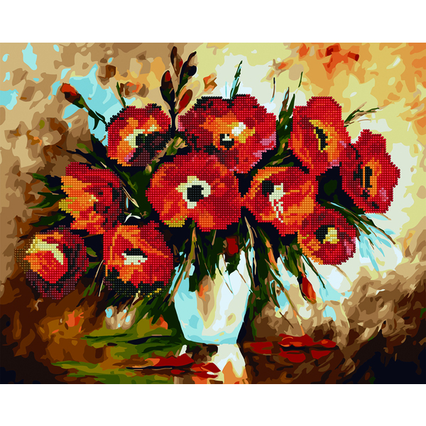 Комбінована алмазна мозаїка - Маки в білій вазі