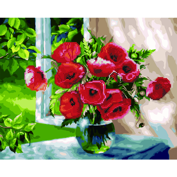 Комбінована алмазна мозаїка - Букет маків у вікні