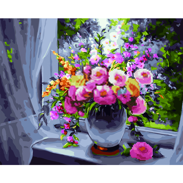 Комбінована алмазна мозаїка - Запашні квіти у вікні