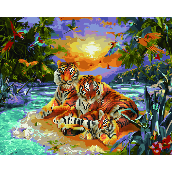 Комбінована алмазна мозаїка - Сім'я тигрів