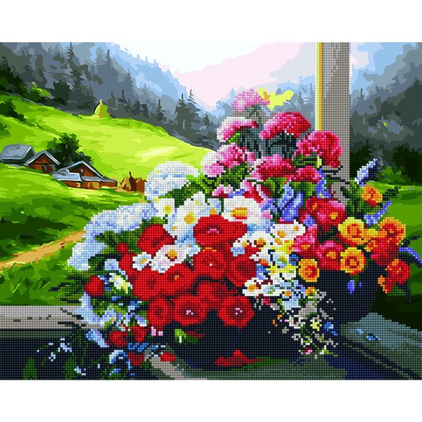Комбінована алмазна мозаїка - Букет на вікні
