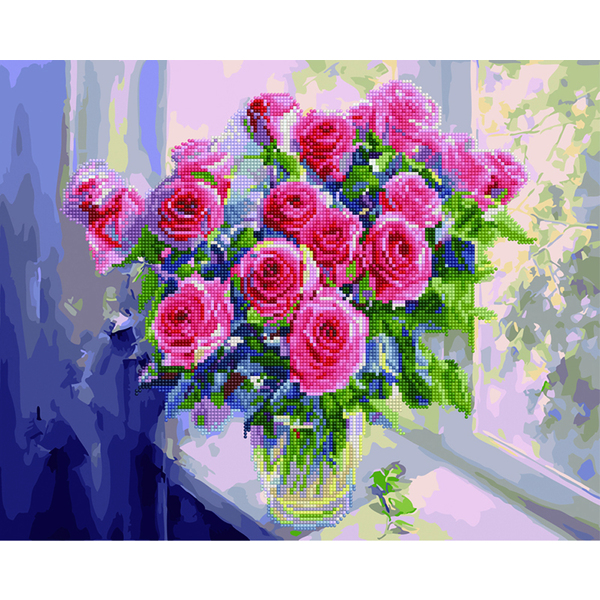 Комбінована алмазна мозаїка - Рожеві троянди в вазі