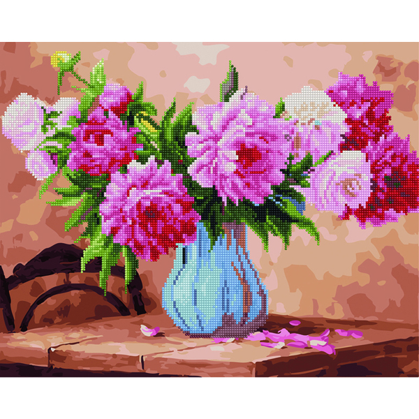 Комбінована алмазна мозаїка - Рожеві піони на столі