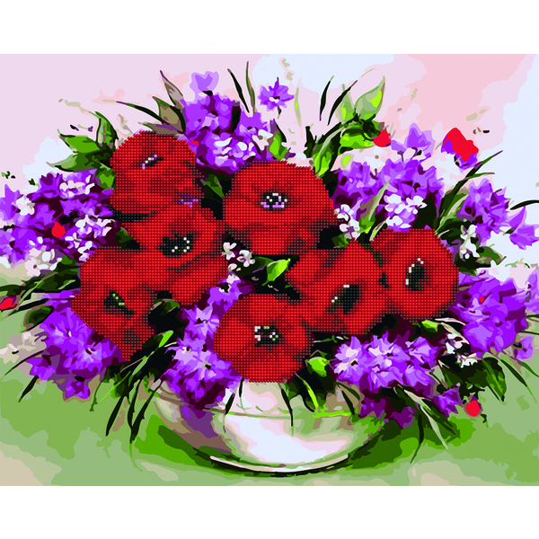 Комбінована алмазна мозаїка - Маки в білій вазі