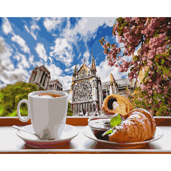 Картина по номерам Города - Кава з круасаном на фоні собору