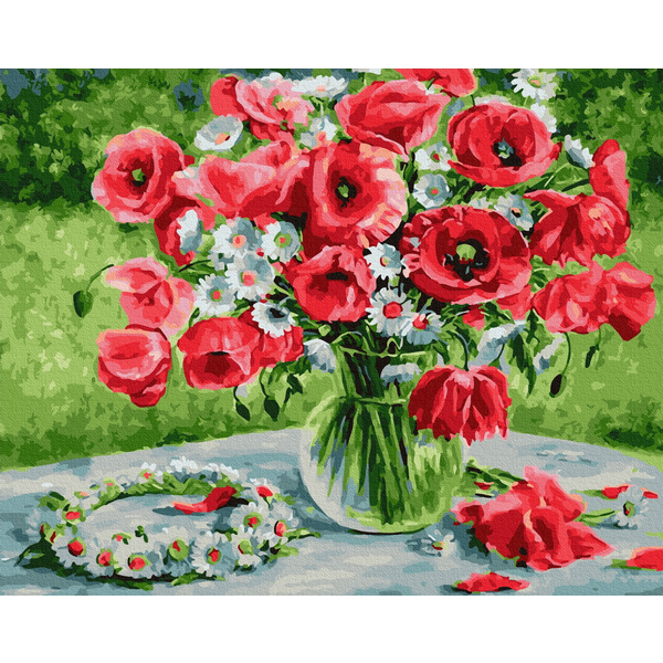 Картина по номерам Преміум картини - Маки і віночок з ромашок