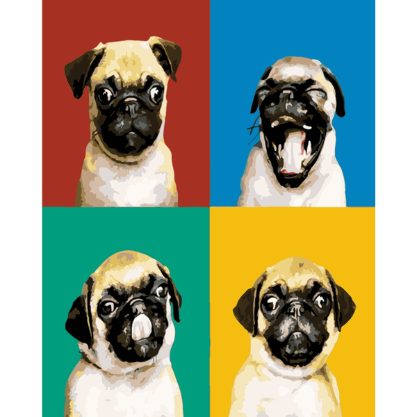 Картина по номерам Тварини, птахи та риби - Колаж з мопсом