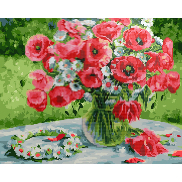 Комбінована алмазна мозаїка - Маки і віночок з ромашок
