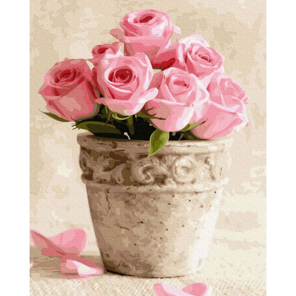 Картина по номерам Квіти - Рожеві троянди в горщечку