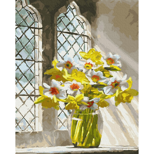 Картина по номерам Квіти - Яскраві нарциси на вікні