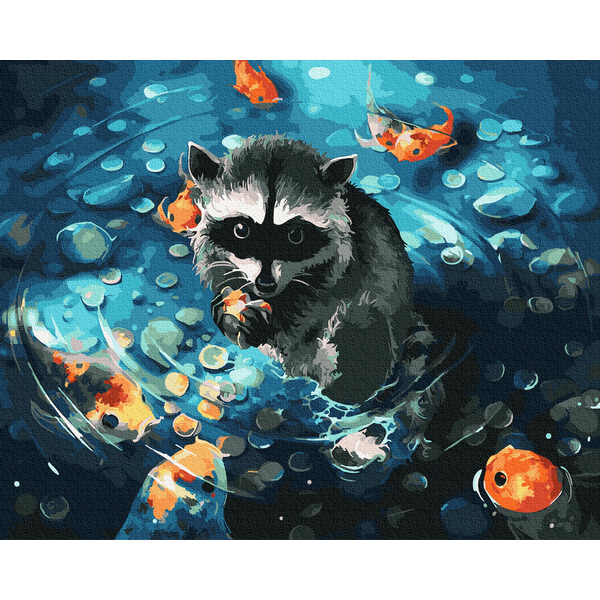 Картина по номерам Тварини, птахи та риби - Єнот і рибки