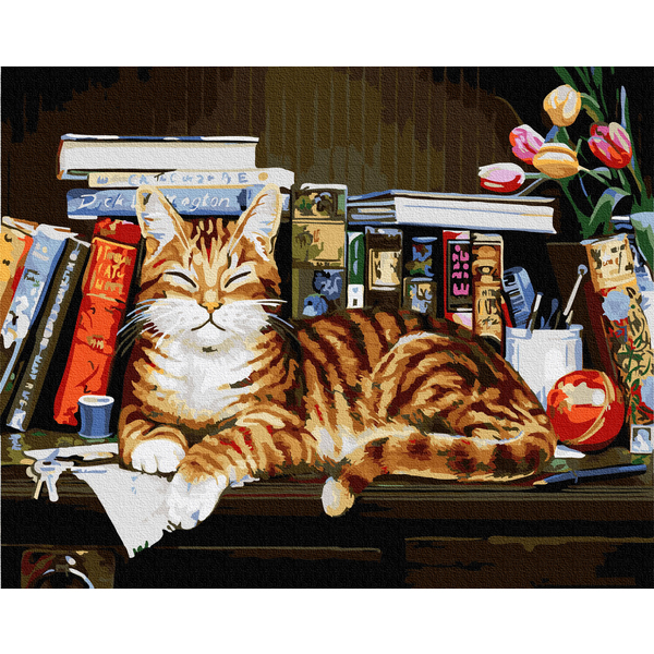 Картина по номерам Тварини, птахи та риби - Кіт на книжковій полиці