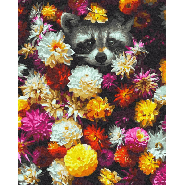 Картина по номерам Тварини, птахи та риби - Єнот в квітах