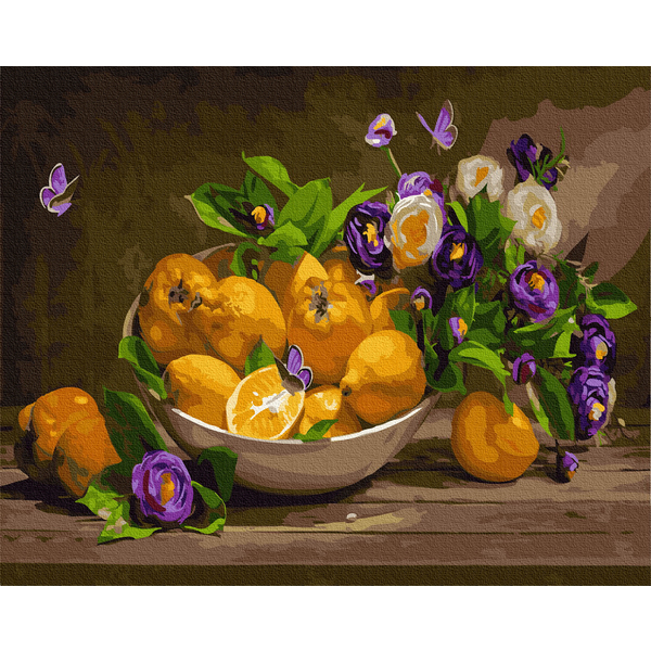 Картина по номерам Натюрморти - Цитруси з фіалками