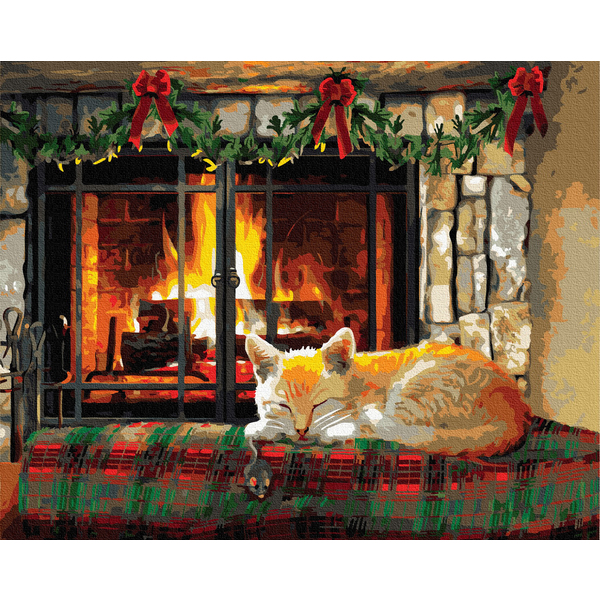 Картина по номерам Затишок, зима, Новий рік, Різдво - Котик біля каміну